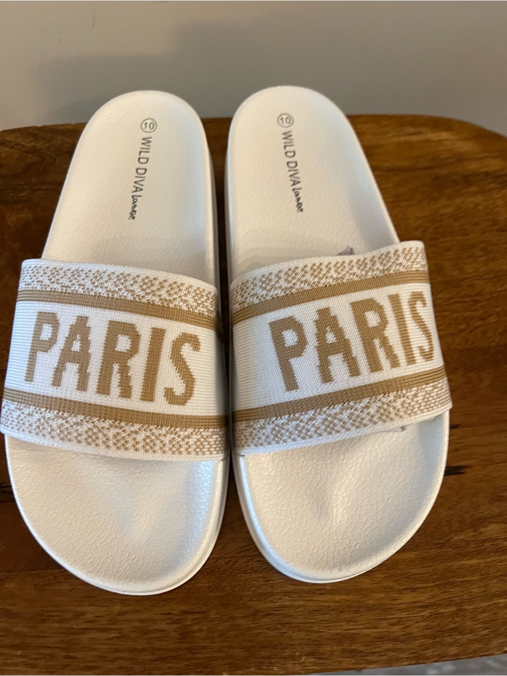 Wild Diva White & Tan 'Paris' Slide Sandals